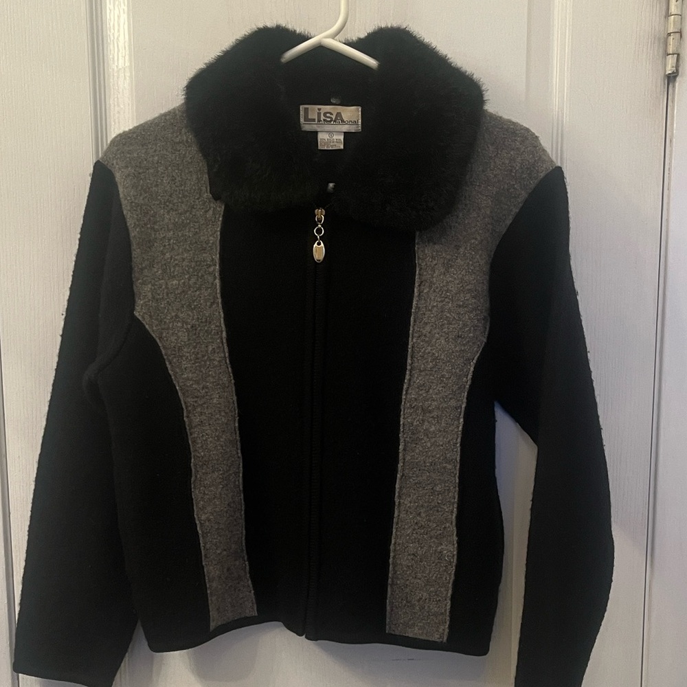 Lisa International Black and Gray Jacket with detachable fur.